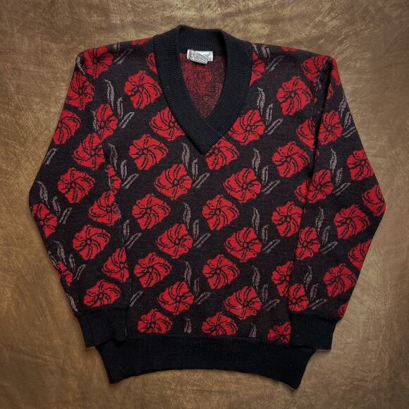 Condor Vintage 90s Rose Floral Wool Sweater Red Black Neck Women's M Gothic Vamp - Picture 1 of 8